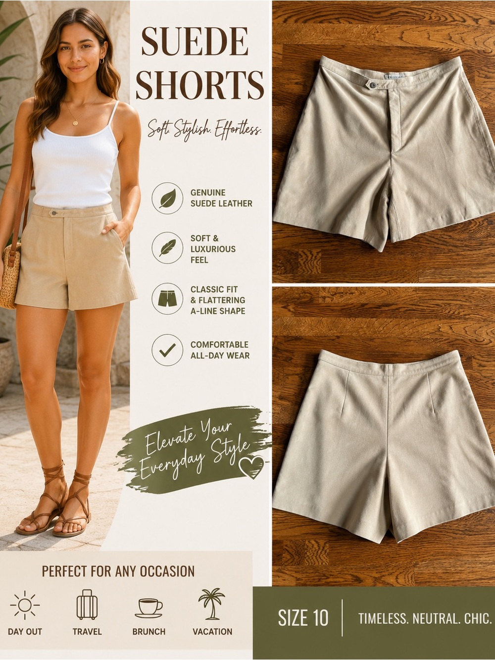 Babe Didrickson Women’s Suede A-Line Women's Shorts Beige Size 10 Minimalist